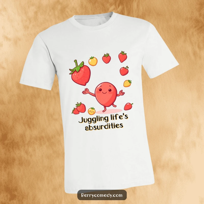 Funny t-shirt showcasing a joyful strawberry character expertly juggling a variety of small, cute fruit buddies with a big smile.