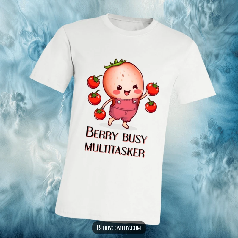 Funny T-shirt design of a happy strawberry slice wearing overalls, enthusiastically juggling cherry tomatoes with a cheerful and comedic flair.