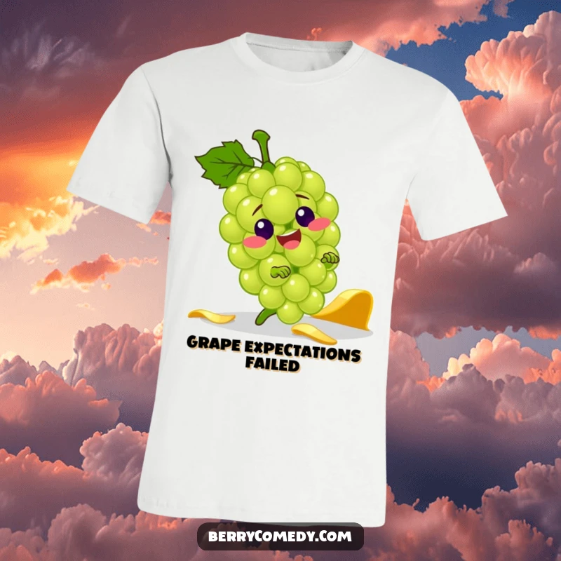 Funny T-shirt featuring a jolly green grape character comically tripping over a banana peel, capturing a moment of pure slapstick.
