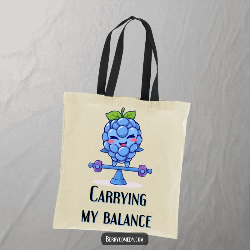 Funny tote bag with a smiling blue raspberry character, winking mischievously while balancing on a teeter-totter, great for daily errands.