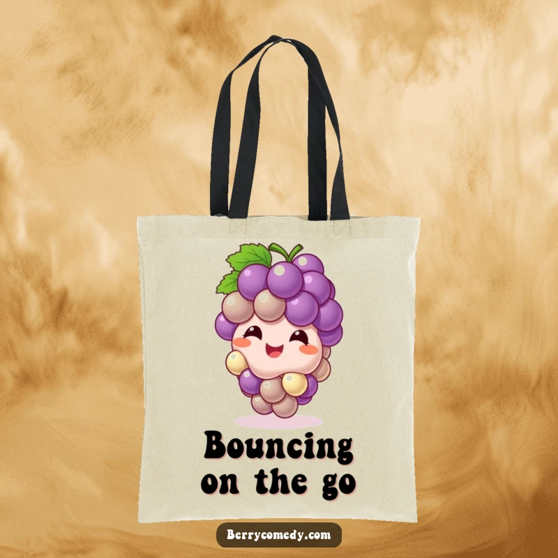 Funny tote bag illustrating a giggling grape cluster character bouncing playfully like a ball, conveying pure, bubbly happiness.