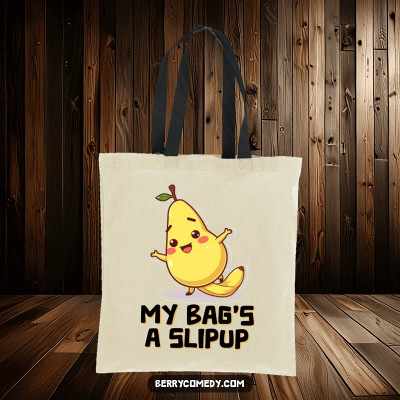 Funny tote bag illustrating a pear character comically slipping on a banana peel, its cartoonish expression capturing a moment of pure slapstick.