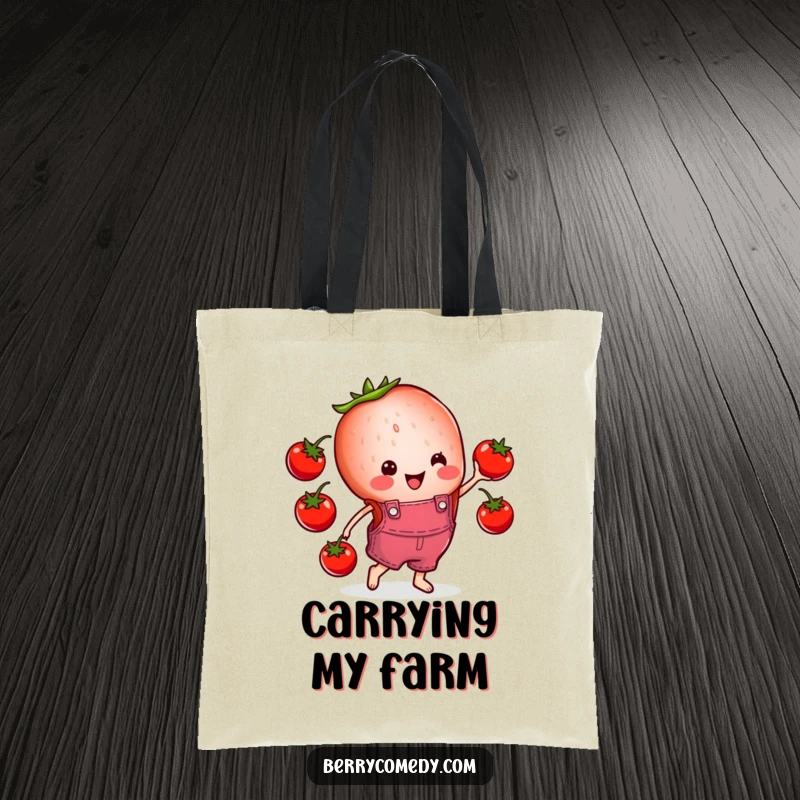 Funny tote bag with a cheerful strawberry slice in overalls, happily juggling cherry tomatoes, perfect for carrying groceries with a smile.