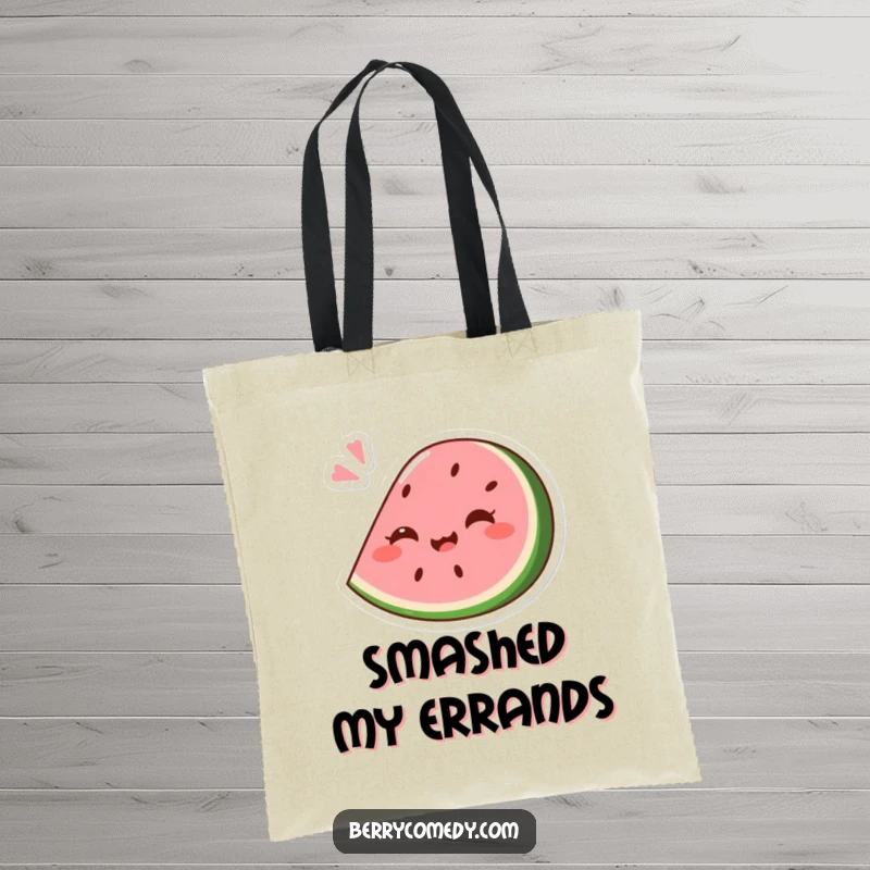 Funny tote bag with a giggling pink watermelon wedge comically squashed slightly from a playful bounce, perfect for carrying summer essentials.